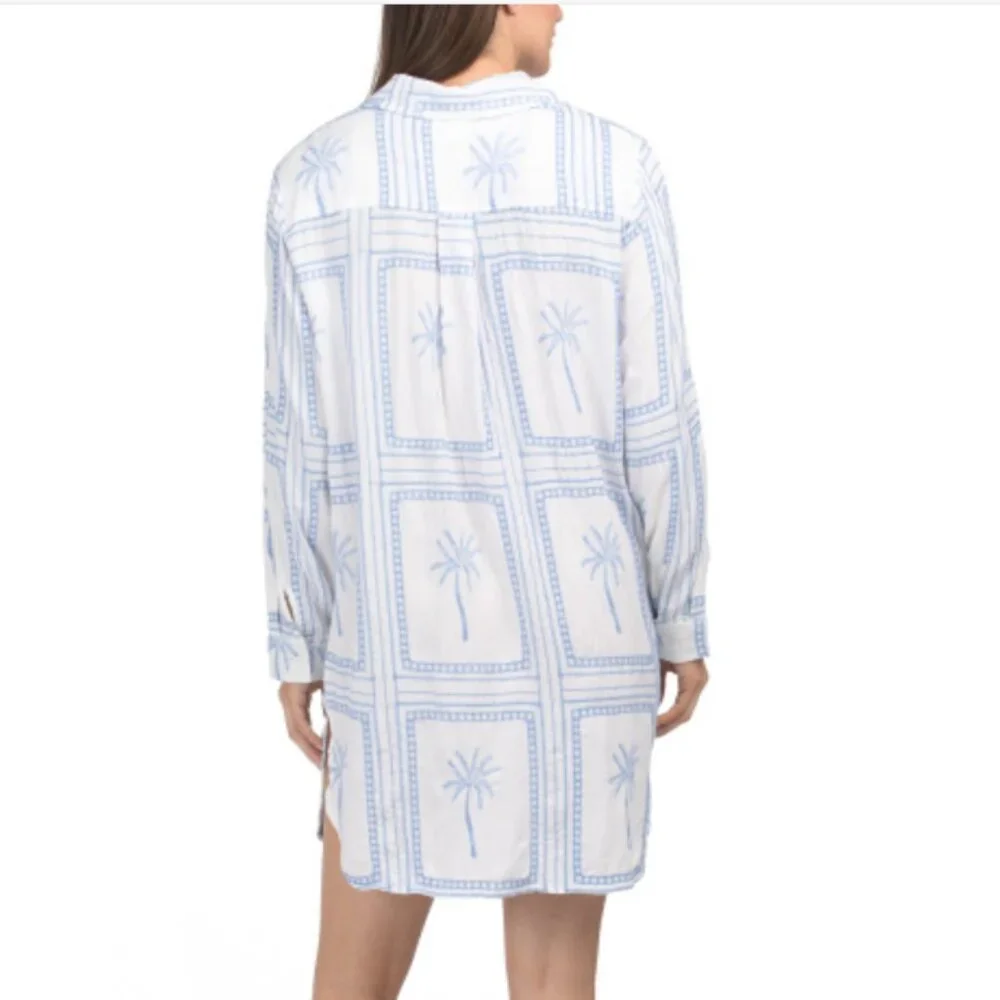 NWT GOA by Japna Blue & White Embroidered Cover-Up Shirt Dress